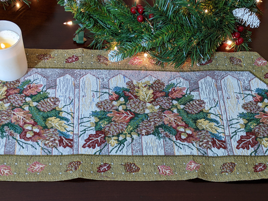 Rustic Floral Tapestry Dining Table Runner Twinkle Lights Bouquet, Earthy White & Gold Festive Holiday Christmas Kitchen Scarf Woven Mats