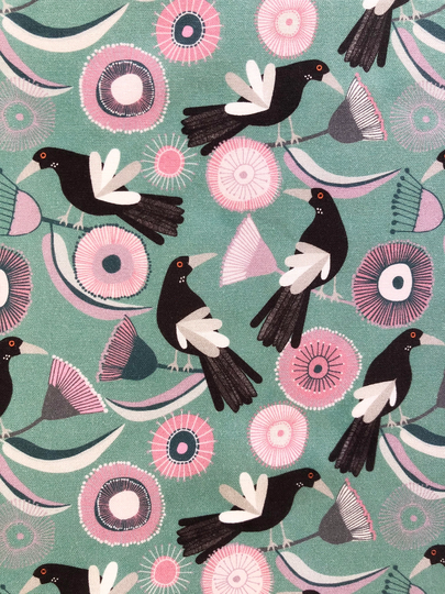 Magpie & Gum Flowers Pastel Green Floral Quilting Cotton Fabric By 1/4, 1/2 Yard Or Fat Quarter Fabric, Australian Native Bird
