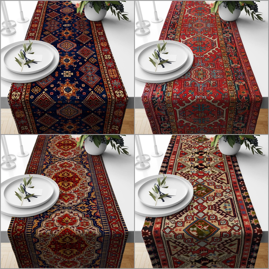 Rug Design Table Runner|Turkish Kilim Top|Ethnic Print Home Decor|Authentic Tabletop|Farmhouse Style Geometric Southwestern Runner