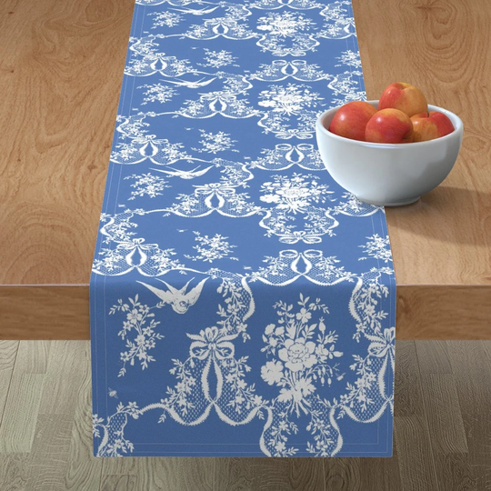 Romantic Damask Table Runner - Toile Delft By Lilyoake French Blue Rococo & White Cotton Sateen Spoonflower