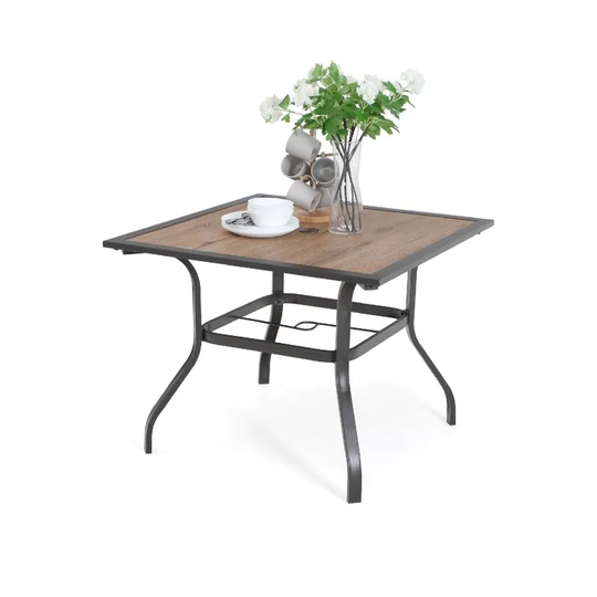 PHI VILLA 37" x 37" Outdoor Patio Wood-Like Square Dining Table with Metal Steel Frame and Umbrella Hole