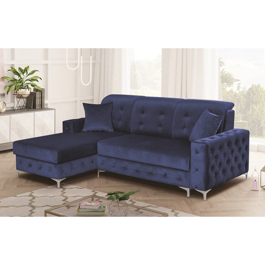 Waldor Modern Blue Velvet Upholstered Convertible Sectional Sofa with Left Facing Chaise and Storage