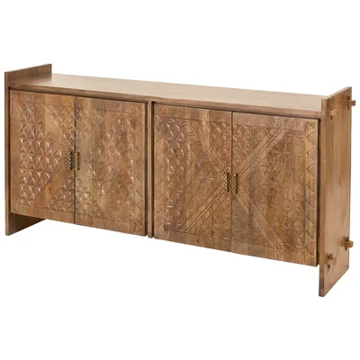 84 Inch Large Carved Wood Diamond Pattern Rustic Wood Credenza