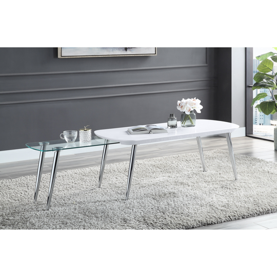 Coffee Table In White & Chrome Finish Pull Out Table Top Included High Gloss Finish Chrome Metal Leg Tempered Glass