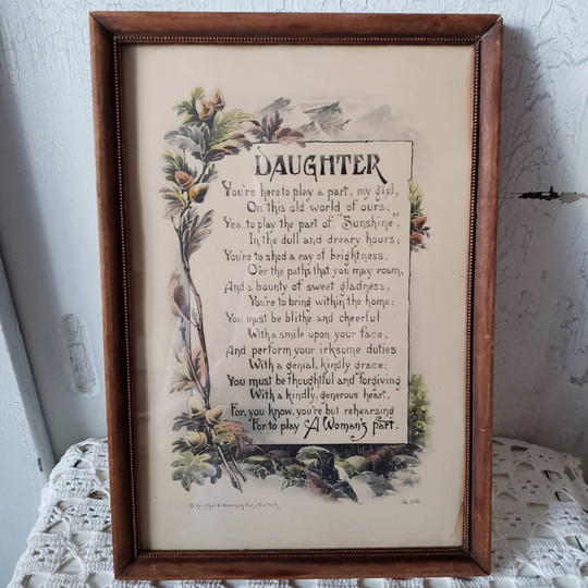 Vintage Reinthal & Newman Daughter Print Picture Poem Framed 1940S Art New York No. 116