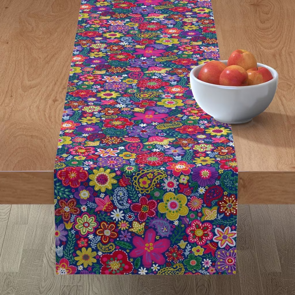Retro Flowers Table Runner - Bright 70S Blooms By Helenpdesigns Tulip Poppy Daisy Ruby Red Cotton Sateen Spoonflower