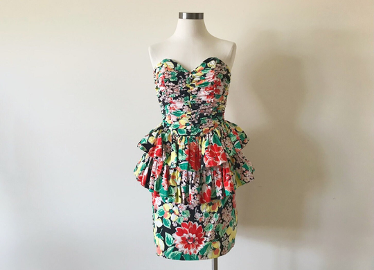 Vintage Dress Layered Floral Midi 80S Retro Style Pencil Skirt Tea Party Garden Cotton Size S/M