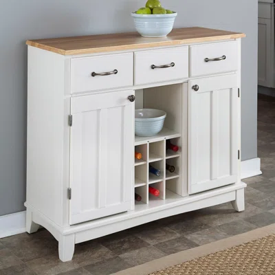 Natural Wood Top Kitchen Island Sideboard Cabinet Wine Rack In White