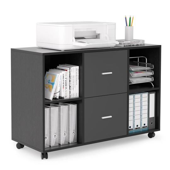 EYIW 2 Drawer Wooden horizontal filing cabinet with 4 open storage shelves, black oak dark gray