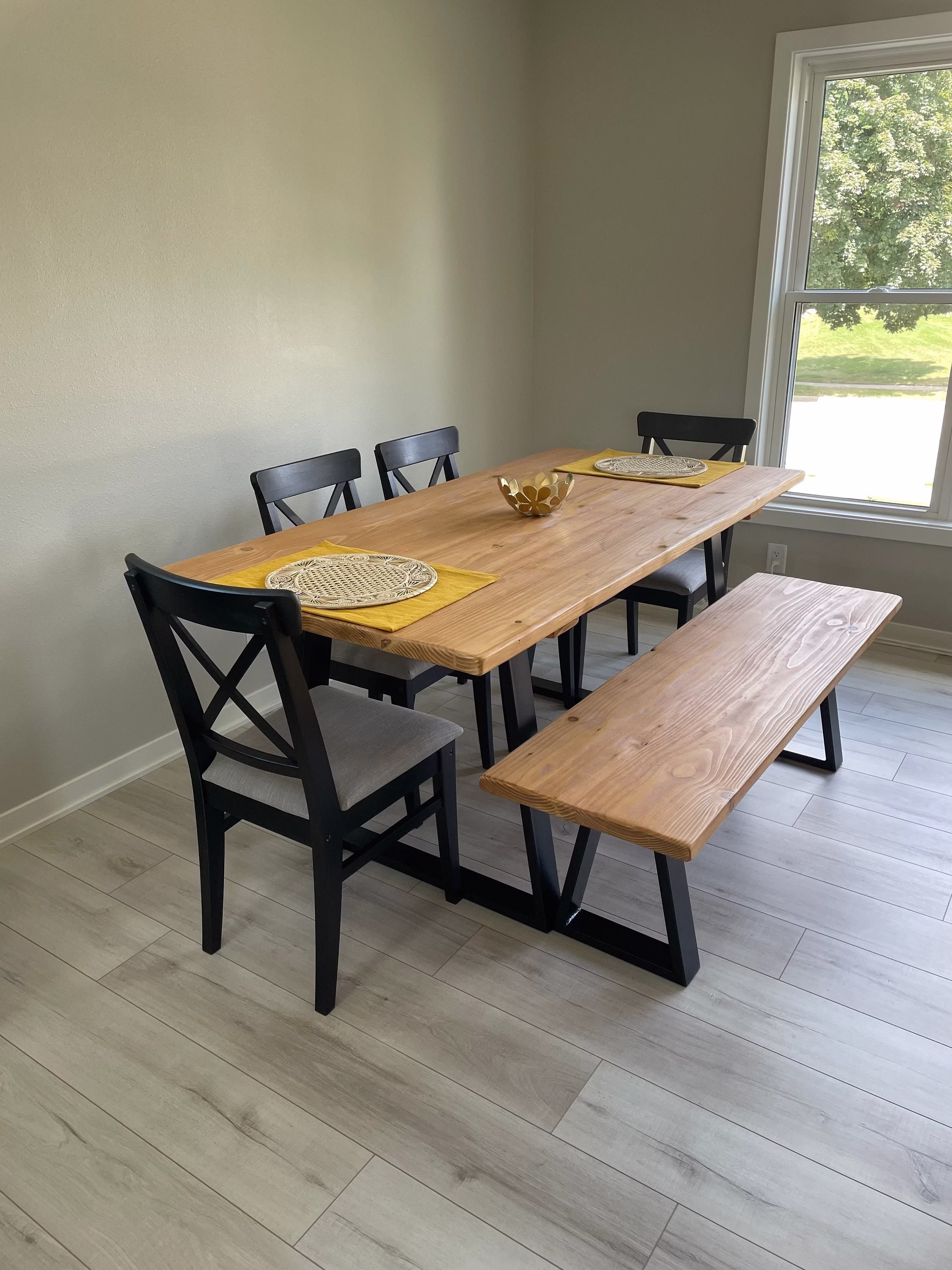 Rustic Dining Table & 1 Or 2 Matching Benches - Square Steel Legs Indoor Home Outdoor Garden Use Reclaimed Wood Industrial Style