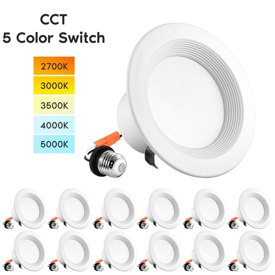 Luxrite 4" LED Recessed Can Lights, Color Temperature Selectable 2700K - 5000K, Dimmable, 750lm, Baffle Trim 12-Pack