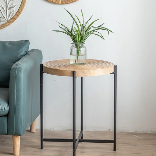Round Boho End Table Sofa Table for Living Room, Farmhouse Side Table Natural Finish with Handcrafted Wood Ring Motif