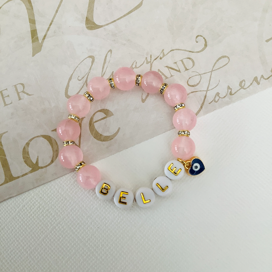 Rose Quartz Gemstone Baby Bracelet Pink Semi Precious Stone Girl Toddle Little Kid Jewelry Evil Eye Protection Charm Gift For