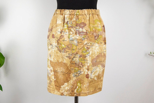 Vintage Tan World Map Print High Elastic Waist Pencil Mini Skirt