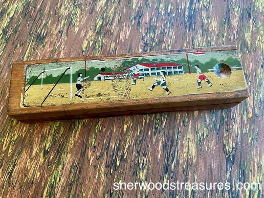 Wonderful Old Pencil Box With With Pivoting Compartments Soccer Wood School Classroom