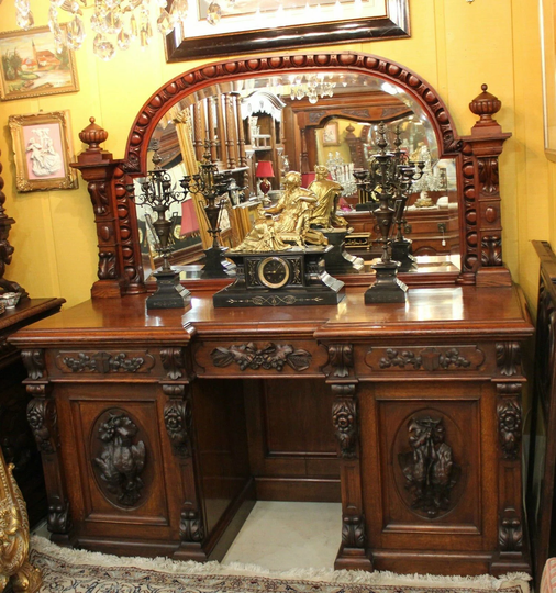 French Antique Rosewood Hunt Scene Sideboard Server Credenza Mirrored Buffet | Dining Room Furniture Console Table
