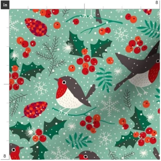 Christmas Birds in Snow Fabric By The Yard | Mint Holly Winter Made To Order