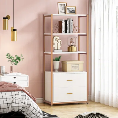 Bookcase 4-Tier Rustic Bookshelf With 2 Drawers, Etagere Standard Book Shelves Display Shelf For Home Office
