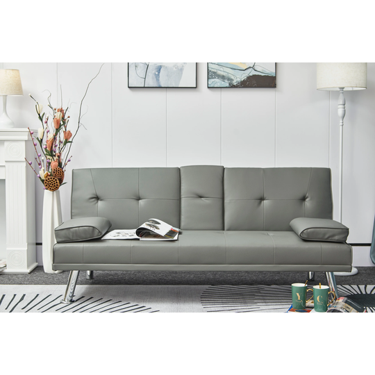 Leather Padded Sofa Convertible Multifunctional Folding Futon Sofa Bed Manual Recline Backrest with Pillow Top Arms,Metal Leg