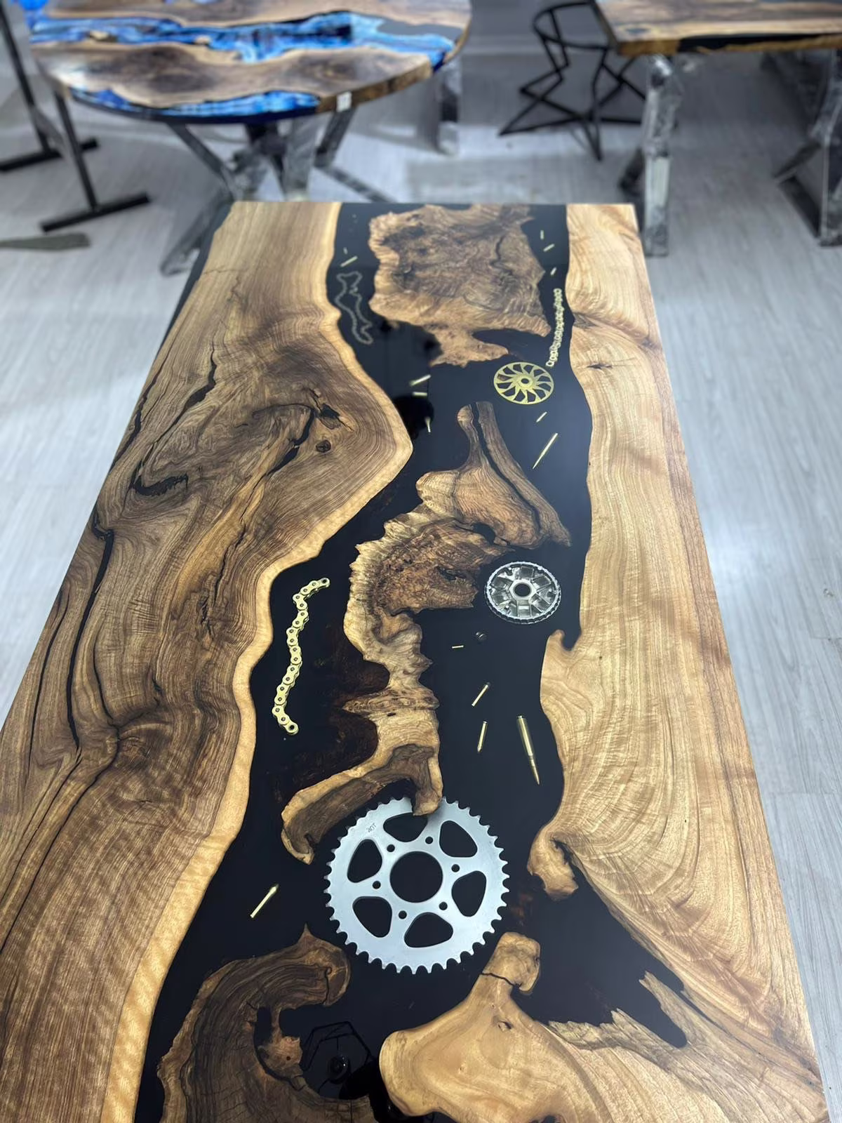 Walnut Dining Table, Epoxy Custom 72" X 36" Black Resin Table With Wheel Chains, Order For Kristyn Ander