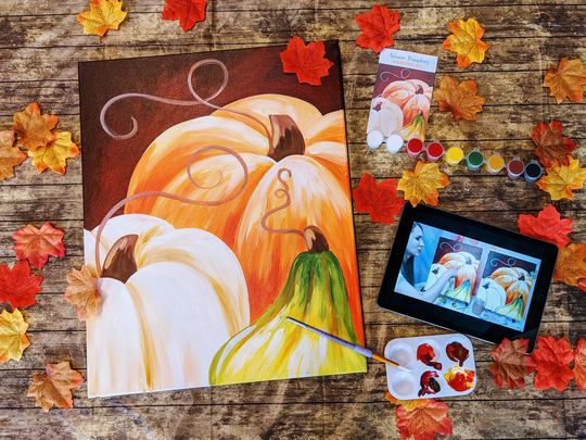 Autumn Pumpkins Canvas Painting Kit + Video Tutorial, Free Palettes & Aprons With Orders Of 10 Party Kit, Diy Paint