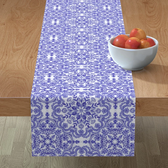 Vintage Floral Table Runner - Blue & Purple Small By Micklyn Royal Regency Cotton Sateen Spoonflower