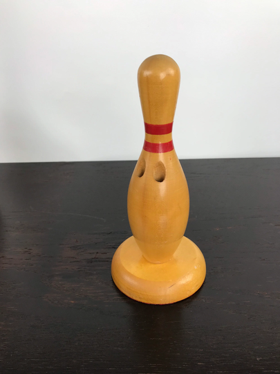 Wooden Bowling Pin Desktop Pencil Holder, Mid Century Accent Items, Beige Red Sculpture, Atomchicago