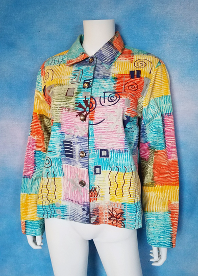 Vintage 90S Colorful Abstract Hand Painted Jacket - Color Block Printed & Doodle Painted, Rhinestone Buttons/ Keren Hart/ Size S