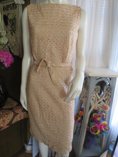 1950S' Ladies Pencil Fit Light Camel Silk Ribbon Dress By Tres Jay-No Size