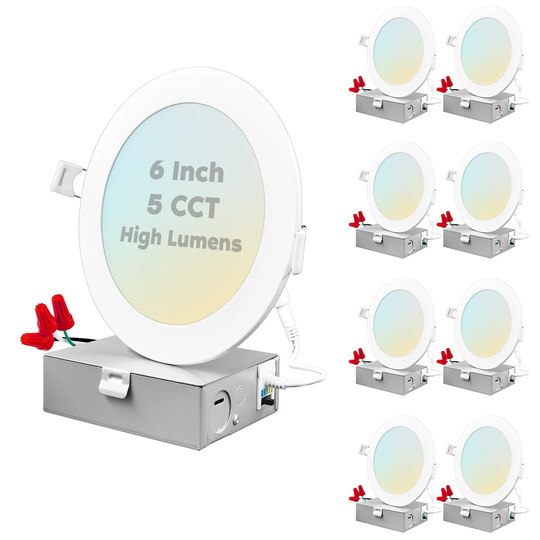 Luxrite 6" Ultra Thin LED Recessed Light with J-Box, 15W, 5 Color Selectable, 1400 Lumens, Dimmable, Wet Rated 8 Pack