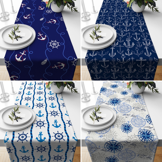 Navy Blue Nautical Table Runner, Anchor Kitchen Dark Tablecloth, Marine Decor, Housewarming Gifts, Dining Room