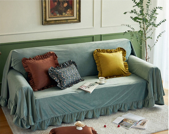 Ruffled Grey Blue Velvet Sofa Slipcover, 100Colors, Custom Made Cover, 2 Seater Cover, Chaise Lounge Cover