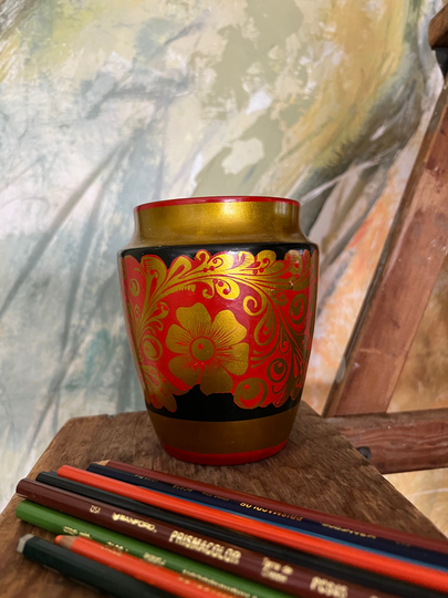 Traditional Russian Khokhloma Vintage Lacquered Wooden Vase/Pencil Holder Hand Painted Made in Ussr