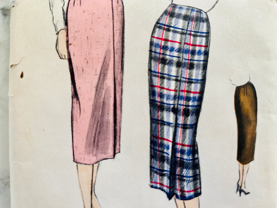 Complete 1955 Vogue 8661 Misses' Slim Pencil Midi Skirt Using Only One Pattern Piece; No Side Seams, Waistband; Waist 24", Hip 33"