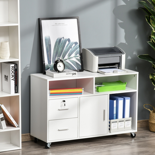 HOMCOM Printer Stand Home Office Mobile Cabinet Organizer Desktop with Caster Wheels, 2 Locking Breaks and Drawer, White