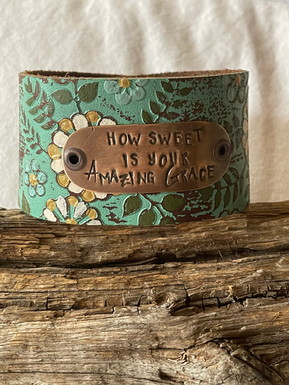 Leather Word Cuff-How Sweet Is Your Amazing GraceWeathered Leather - -6.5 Inch Wrist-L