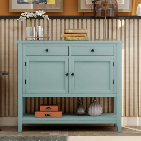 39'' Pine Sideboard Cabinet Side End Table Sofa Table Console Table with 2 Drawer& 2 Cabinet &1 Shelf, Retro Green