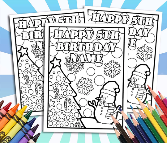 Christmas Happy Birthday Coloring Pages, Custom, Personalized Party Decor
