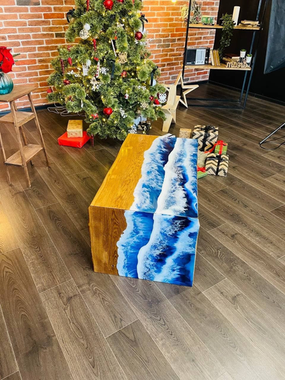 Elegant Ocean Table, Wave Living Room Live Edge Coffee Resin Unique Small River Table