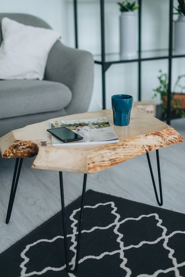 Live Edge Table, Modern Coffee Elm Hairpin Legs Wood Slab, Rustic Table End Side