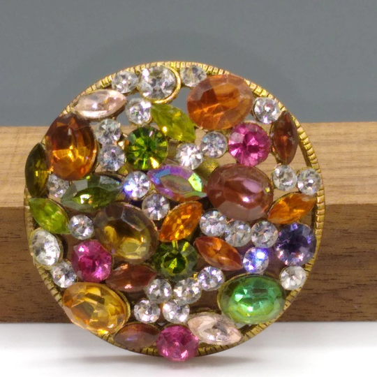 Glamorous Colorful Crystal Brooch, Vintage Glam With Lots Of Multi Colored Sparkles, Fruit Salad Style