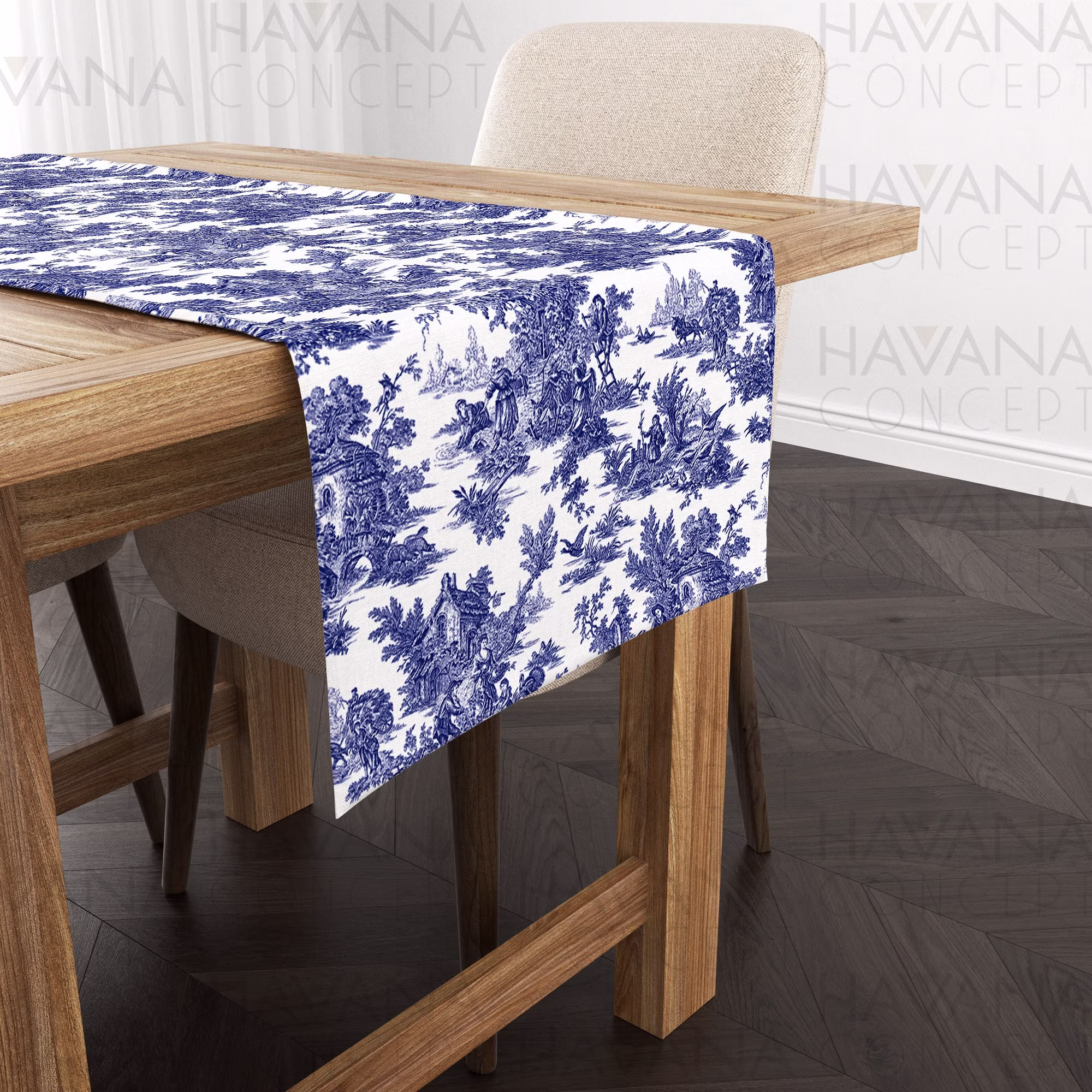 Blue Toile De Jouy Table Runner, French Country Style Dining Various Sizes, Cottage Linen For Wedding, Events