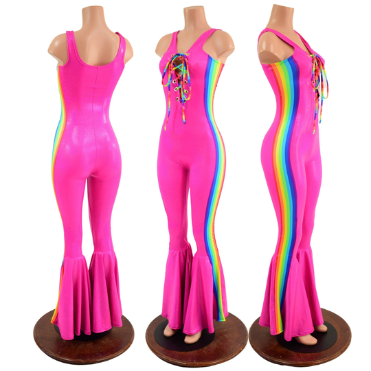 Neon Pink Bell Bottom Catsuit With Tank Neckline, Plunging Laceup V, & Retro Rainbow Side Panels. Stripe Tie At Neckline 1579207
