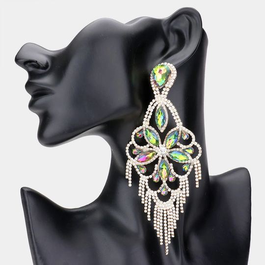 Long Multi Color Chandelier Earrings | Pageant Jewelry Statement Earrings| Crystal 1417