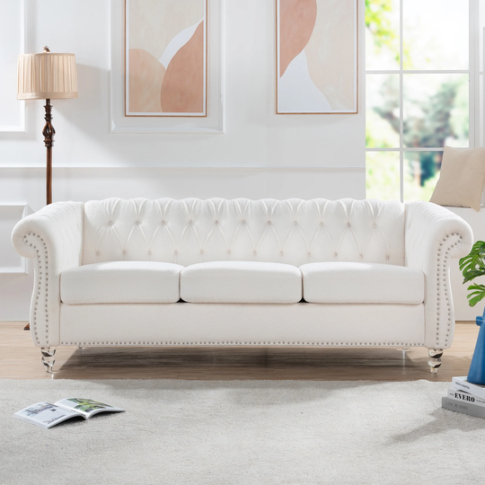 84" Rolled Arm Chesterfield Polyester 3 Seater Sofa Living Room Button Back Decoration Sofa with Studs Trim and Acrylic Legs