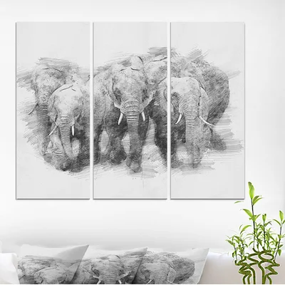 'Black and White Elephant Pencil Sketch' Oil Painting Print Multi-Piece Image on Wrapped Canvas