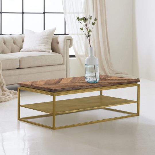 Tray Rustic Brown Wood and Anique Brass Coffee Table - Coffee Table