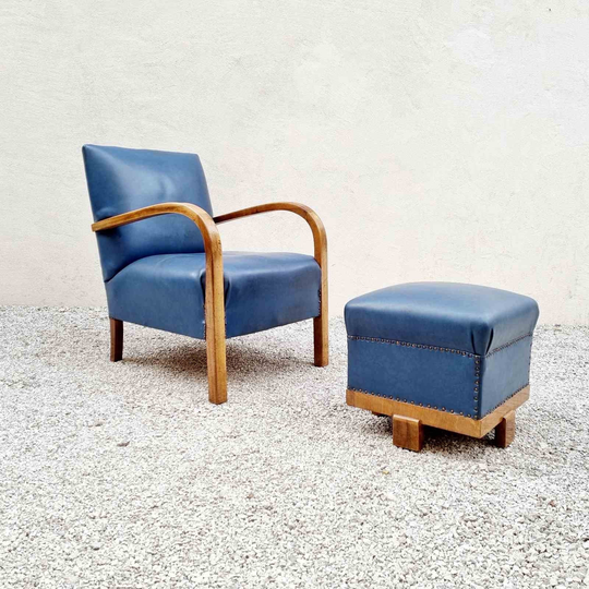 Mid Century Modern Armchair With Footstool/Vintage Lounge Blue Faux Leather Retro Chairs Art Deco Italy 1950S "50S