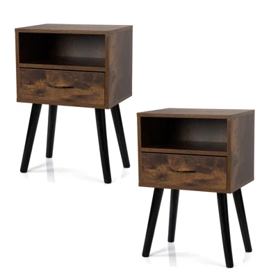 Set Of 2 Mid-Century Modern Solid Wood Nightstand/Bedside Table For Bedroom,End Table For Living Room With 1 Storage Drawer And Open Shelf,Brown