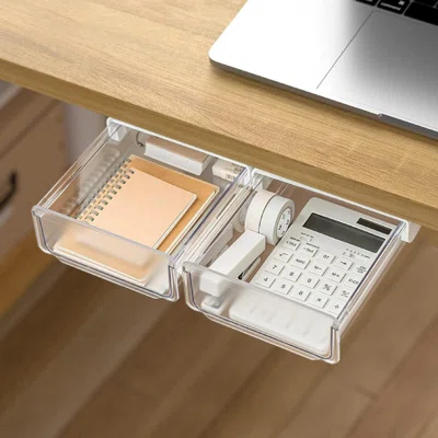 Self-Adhesive Under Desk Drawer Organizer, 2 Pack Table Hidden Slide Out Large Storage Mounted Desktop Pencil Holder Tray Drawers For Office Home Scho